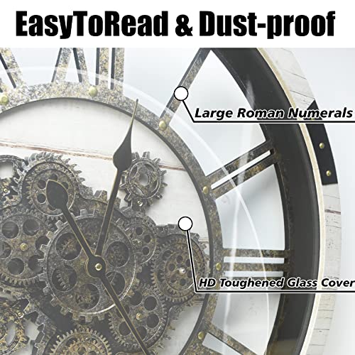 27" Large Real Moving Gears Wall Clock with Toughened Glass Cover Solid Wood Retro Metal Skeleton Oversized Vintage Steampunk Rustic Clock for Living Room Decor Home Farmhouse Kitchen