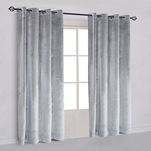Super Soft Luxury Velvet Smoky Gray Classic Blackout Curtains Panels Home Theater Grommet Top Curtain Drapes Eyelet 52Wx120L inch Light Grey