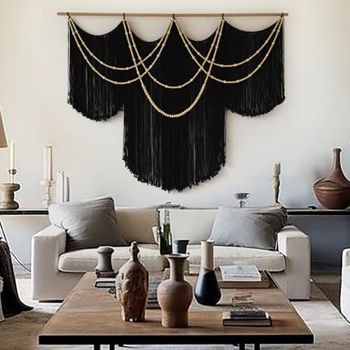 Macrame Wall Hanging Black Yarn Tapestry Boho Fiber Art Decor 57"W*43"L