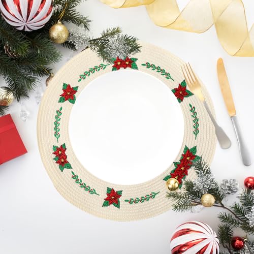 4Pcs Round Christmas Flower Placemats Embroidered Xmas Poinsettia Place Mats Decorative Dinner Table Mats for Holiday Party Decor (4 Count)