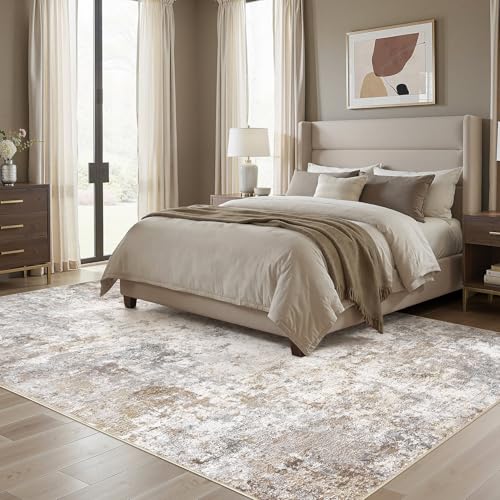 10x12 Area Rug Living Room Rugs Washable Neutral Brown Grey Carpet (24 Count)