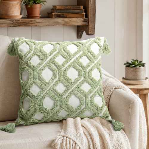 Boho Pillow Covers 18X18 Inch Boho Tufted Throw Pillow Covers Decorative Tassels Cushion Cover Farmhouse Pillow Case for Couch Sofa Bed Living Room Bedroom