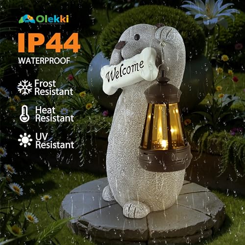 Solar Dog Garden Statue with Lantern Light