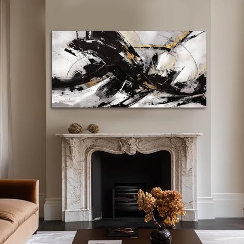 Abstract Wall Art for Living Room Canvas Wall Decor Large Artwork Black And Gold Wall Decorations Black Pictures for Wall 29"x58" (15 Count)