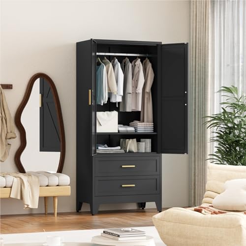 71'' Farmhouse Metal Wardrobe Cabinet with Hanging Rod