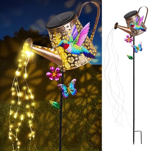 Solar Watering Can with Cascading Lights Outdoor Hummingbird Garden Decor