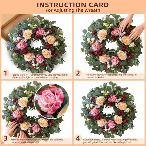 24 Inch Pink Champagne Rose Spring Wreath for Front Door