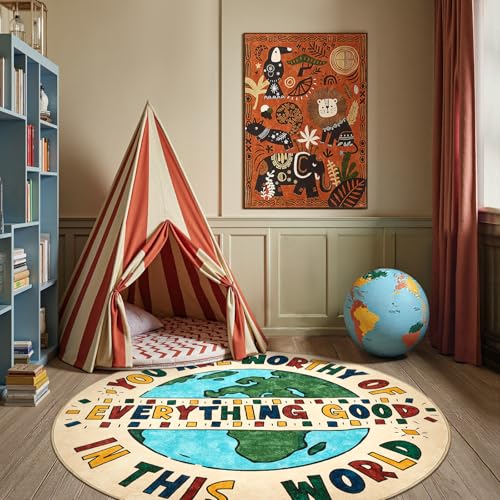 5ft Round Rug Washable Fun Rug You are Worthy Playroom Mat for Kids (19.63 Sq Ft)