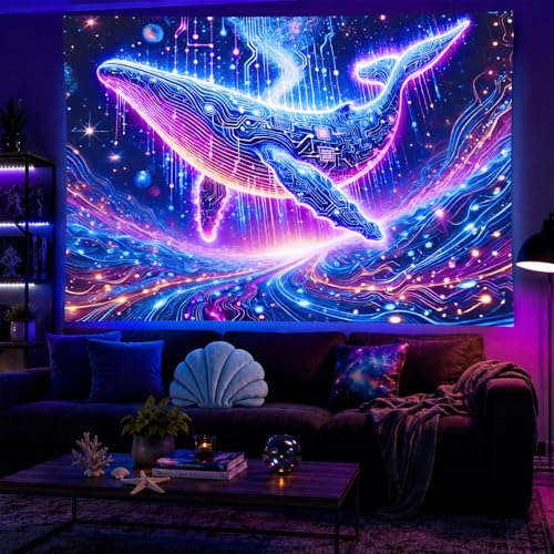 Blacklight Tapestry Whale Circuit Glow Backdrop 78 x 59 Inch