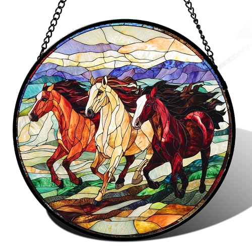 Running Horses Stained Glass Window Hanging Suncatcher Gift for Women 15"