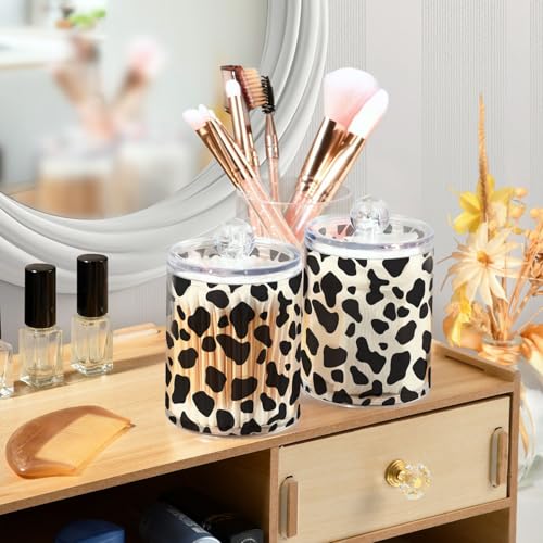 2 Pack Qtip Holder Organizer Dispenser Black Cow Skin Print Bathroom Storage Canister Cotton Ball Holder Container for Cotton Pads (2 Count)