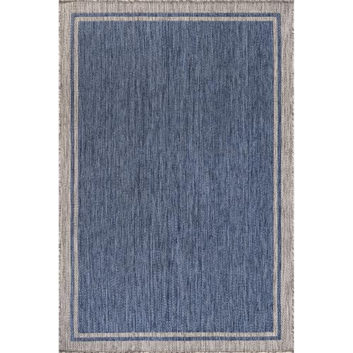 Outdoor Rug 8x10 Bordered Navy Blue Gray Modern Area Rugs for Indoor and Outdoor Patios (80 Sq Ft)