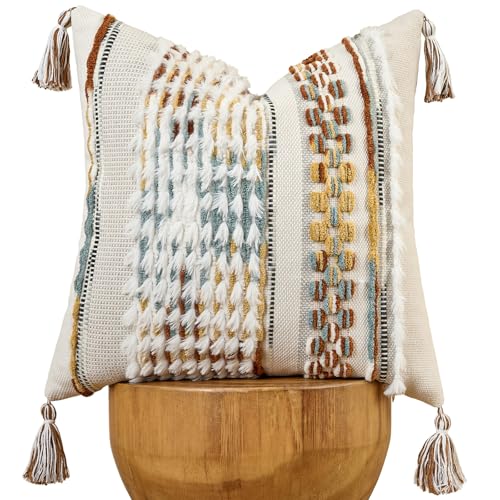 Chenille Striped Tufted Textured Boho Throw Pillow Covers Aesthetic with Tassels Woven Decorative Pillow Case for Couch Bed Sofa Bedroom Modern Funky 18 x 18