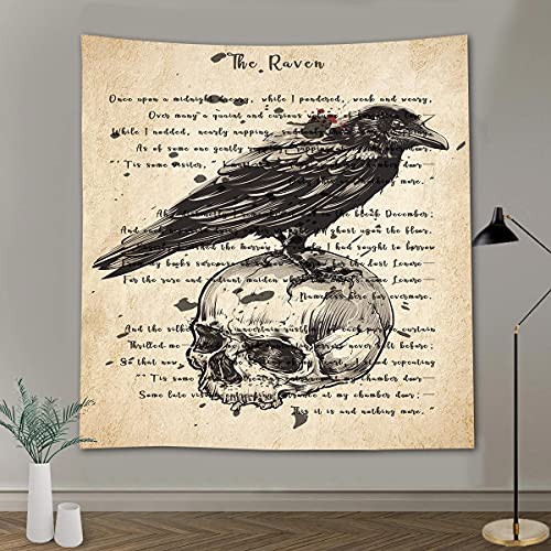 Raven Tapestry Gothic Skull and Raven Dictionary Tapestry Rustic Room Mural Posters 51x60 Inches for Living Room Bedroom Home Dorm