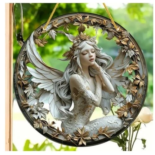 Flower Fairy Garden Decorations Angel Wing Christmas Halloween Deco Statue Art Elf Sculpture Hanging Craft for Outdoor Yard Courtyard Lawn Patio Window Acrylic Ornament Home Gift