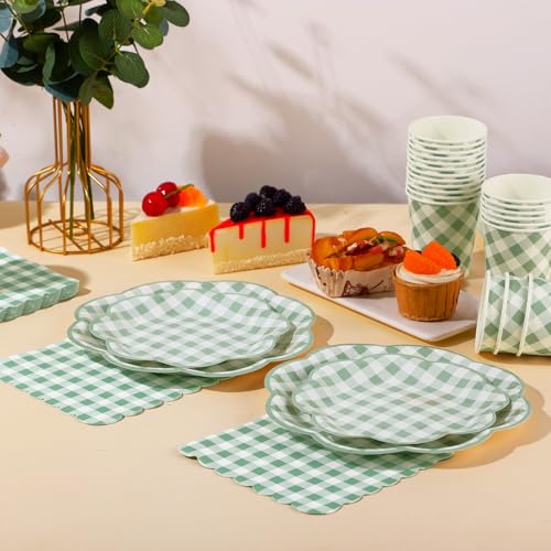350 Pcs Sage Green Gingham Paper Plates and Napkins Party Supplies