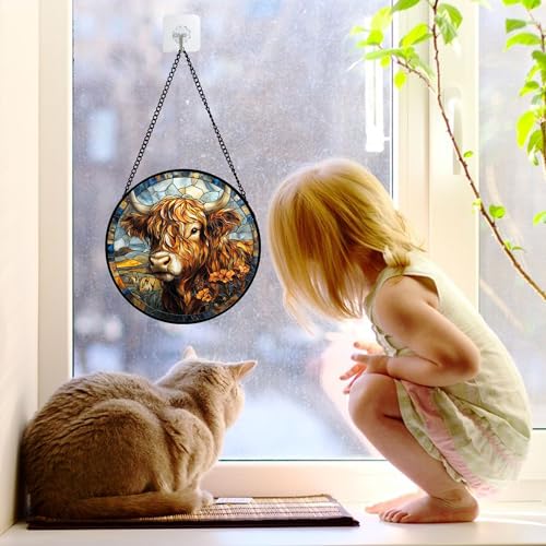 Scottish Highland Cow Stained Glass Window Hanging Suncatcher Gifts 12"