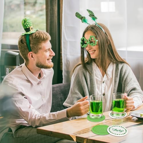 4Pcs St. Patrick's Day Handmade Braided Drink Coasters Shamrock Lucky Clover Cotton Coasters Irish Green Absorbent Cup Mat Tabletop Protection for Home Office Party Tableware (4 Count)