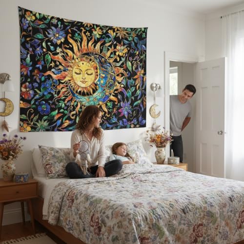 Sun and Moon Tapestry for Bedroom Boho Hippie Floral Wall Tapestry Aesthetic Vintage Stained Glass Plant Extra Large Tapestries Wall Hanging for Living Room Dorm 90 x 68 Inch