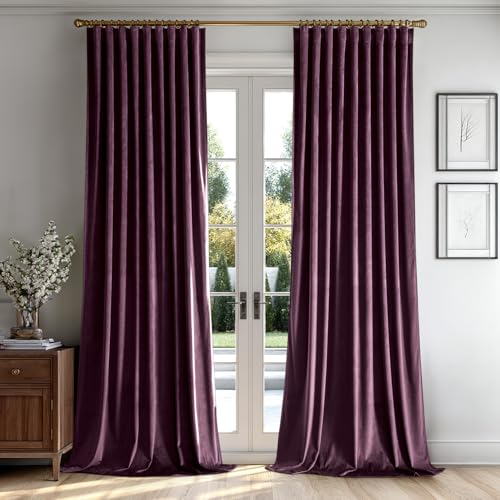 Dark Purple Velvet Pinch Pleat Blackout Curtains W52 X L84 Inches (2 Count)