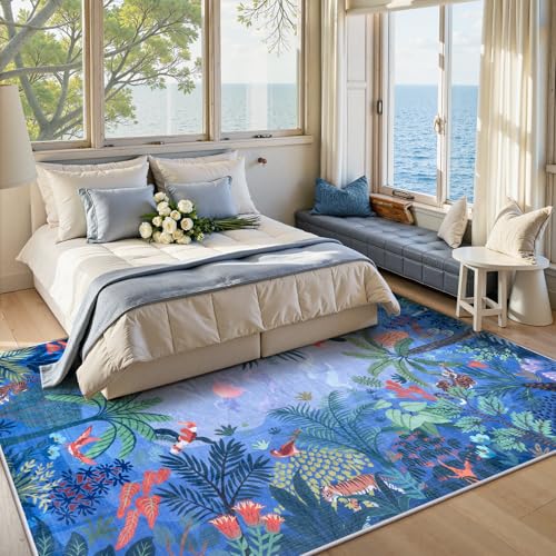Washable Jungle Animal Print Rugs 9x12 Blue Rugs for Living Room