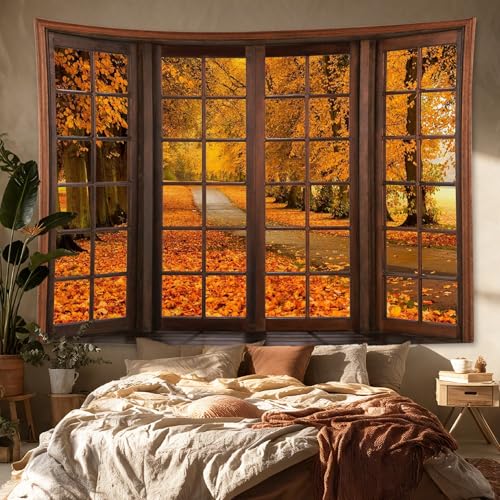 Fall Forest Window Tapestry Autumn Maple Tree with Orange Leaves Tapestry Wall Hanging Rustic Vintage Wall Decor for Bedroom Living Room Dorm Office 60x40 Inches