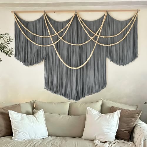 Large Macrame Wall Hanging Grey Boho Wall Art Beaded Decor 57"W*39"L