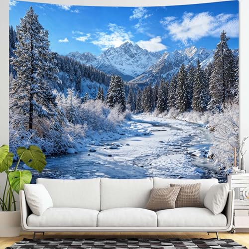 Winter Forest Snow Mountain Tapestry Snowy Pine Tree Woodland Tapestry for Bedroom Aesthetic White Clouds Flowing River Landscape Tapestries Wall Hanging for Living Room Dorm Office 80 x 60 Inch