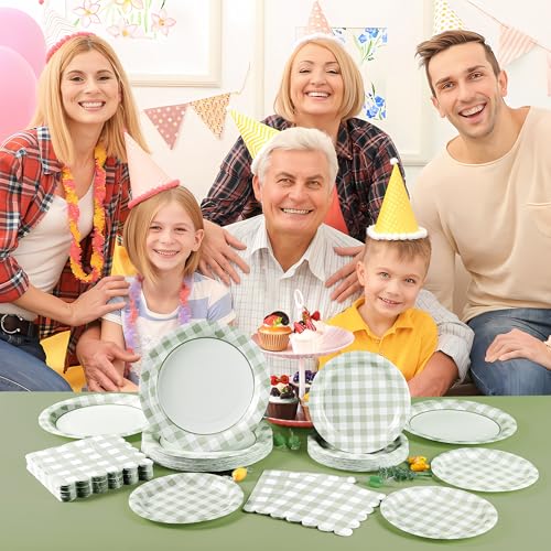 150Pcs Sage Green Gingham Party Supplies Green Gingham Paper Plates and Napkins Green Plaid Plates Disposable Greeny and White Plaid Party Decor for Birthday Family Picnic BBQ Party (150 Count)