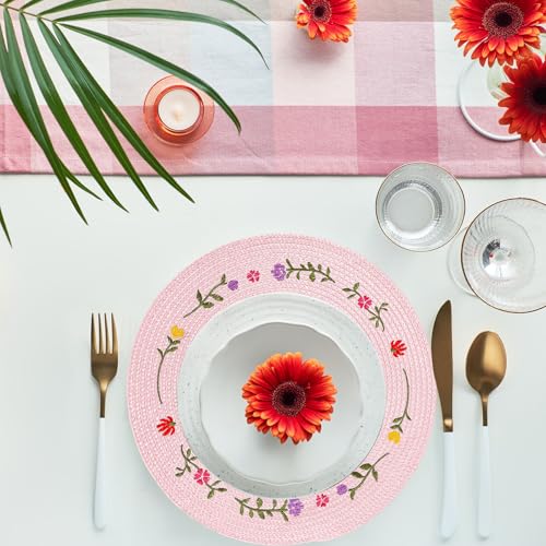 4Pcs Spring Flower Embroidered Placemats Round Place Mats Pink Floral Dinner Table Mats for Home Holiday Wedding Bridal Baby Shower Birthday Party Decor (4 Count)