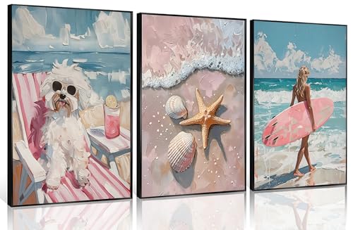3Pcs Pink Beach Preppy Wall art Retro Beach seashell and starfish poster printing Pink surfboard dog painting wall Decor for Girls Room dormitory apartments Home Decoration Unframed (3 Count)