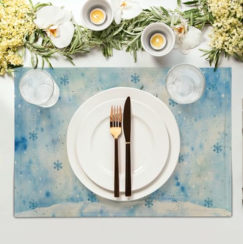 Blue Snowman Snowflake Winter Placemats Set of 4 Seasonal Christmas Linen Table Mats 12x18 Inch Xmas Holiday Snow Farmhouse Rustic Washable Place Mats for Party Kitchen Dining Outdoor Indoor Decor (4 Count)