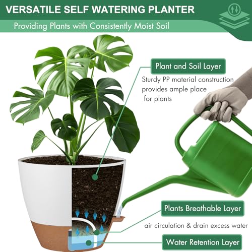 12/10/8 Inch Self Watering Pots for Indoor Plants Plastic Large Pot for Outdoor Plants, Water Level Window & Spacious Reservoir Flower Pots Decorative Planter with Drainage and Tray (White) (3 Count)