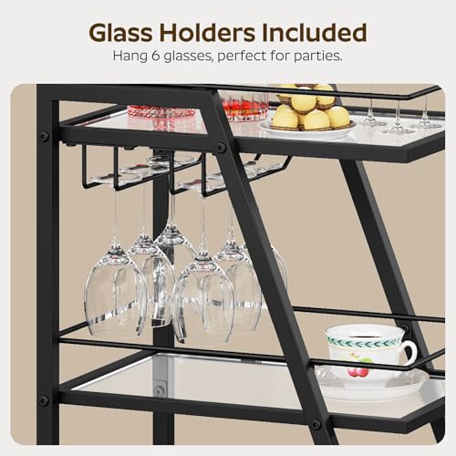 Bar Cart, 3-Tier Home Bar Serving Cart with Wheels, Drink Cart with Glass Holder, Beverage Cart, Rolling Kitchen Cart, for Home, Living Room, Transparent and Black BC03BK