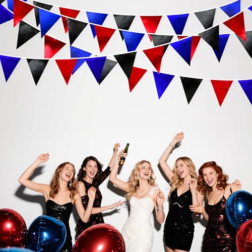 Navy Blue Red Black Party Decorations Metallic Fabric Triangle Pennant Banner Flag Bunting Garland for Graduations Birthday Retirement 4th of July USA Patriotic Veterans Party Decorations Supplies (32 Foot)