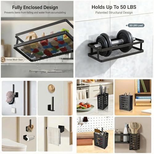 5-in-1 Shower Caddy & Kitchen Organizer Set, Wall Mount Wide Spice Rack with Paper Towel Holder, Utensil Holder, Soap Dish, Rustproof Mesh Baskets Hold 50LBS - Matte Black, Guardrail