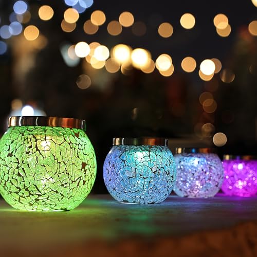 6 Pack Gift for him her Heavy Solar Mosaic Crackle Glass Lights with Dual Solar Panels (6 Count)