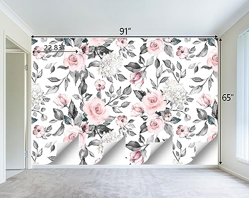 Grey Leaf Pink Flowers Mural Bedroom Floral Wallpaper Room Decor Living Room tv Background Large wall Mural (41.07 Sq Ft)