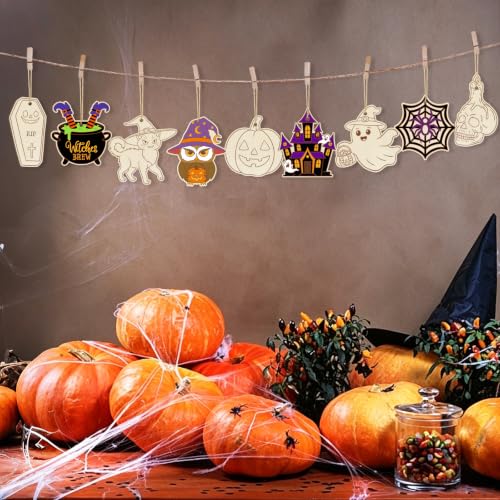 80PCS Wooden Halloween Ornaments to Paint Fall Decorations Crafts for Kids