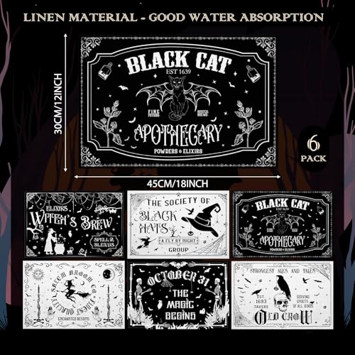 6 Pcs Halloween Placemats 12"x18" Gothic Bat Placemats Kitchen Decoration Washable Witch Place Mats Rectangle Skull Table Mats for Halloween Dining Table Accessories