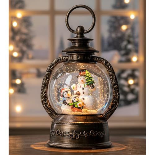Christmas Snow Globe Lantern Water Glittering Snowman & Penguins with Music & Timer