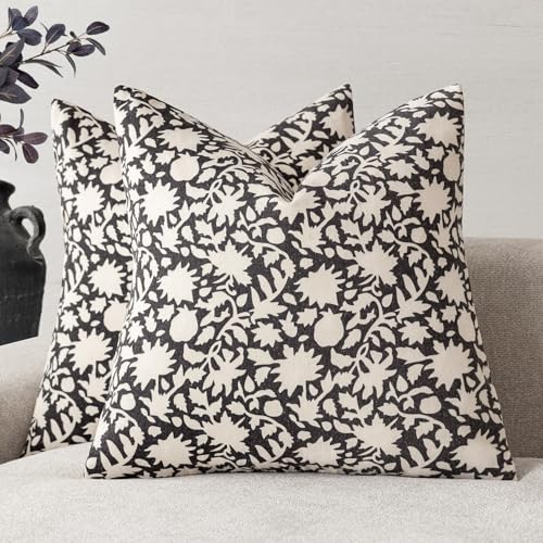Set of 2 Decorative Neutral Floral Throw Pillow Covers Accent Farmhouse Cushion Covers Boho Vintage Pillowcase for Couch Sofa Bedroom Living Room Home Decor22×22 Inch (2 Count)