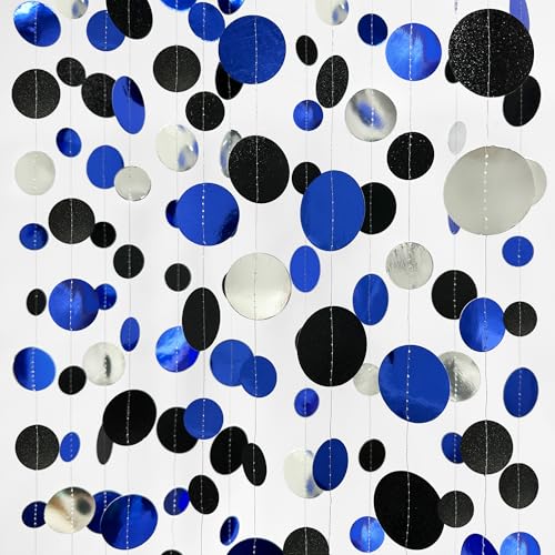 46Ft Navy Blue Black Silver Circle Dots Garland Royal Blue Black Polka Dots Streamer for Birthday Graduations Wedding Bridal Shower Nautical Ahoy Achor Pirate Themed Party Decorations Supplies
