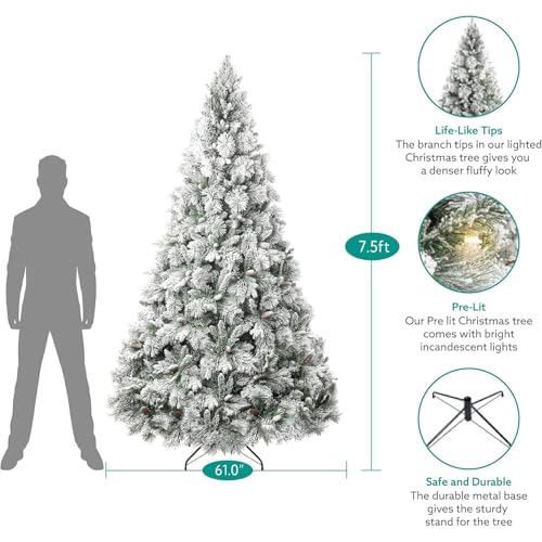 Glasgow 7.5ft Frosted Prelit Artificial Christmas Tree with Pine Cones