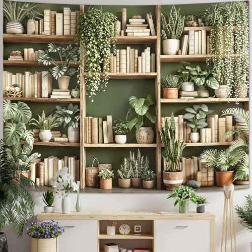 Green Plant Bookshelf Tapestry Botanical Bookshelf Tapestries Wall Hanging Modern Potted Plants Bookshelf Backdrop Small Tapestry for Bedroom Living Room Dorm 60 x 44 inch