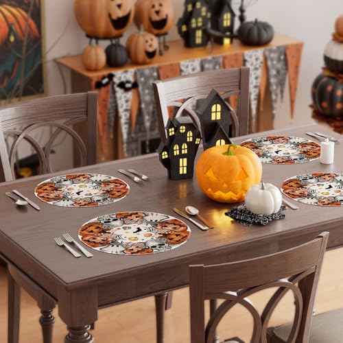Halloween Skeleton Ghost Round Placemats Set of 4 Table Decor 14x14 in
