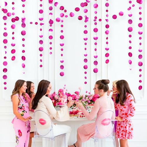 Hot Pink Party Decorations Circle Dots Garland Metallic Rose Pink Hanging Paper Polka Dots Streamer for Bachelorette Birthday Engagement Wedding Bridal Shower Anniversary Party Supplies