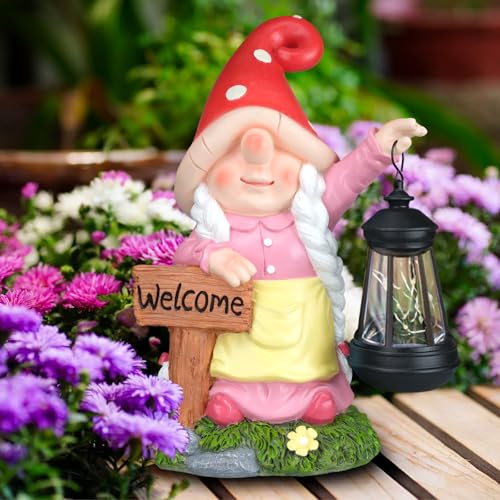 12.4" Solar Garden Gnome Statue with LED Lantern Welcome Sign