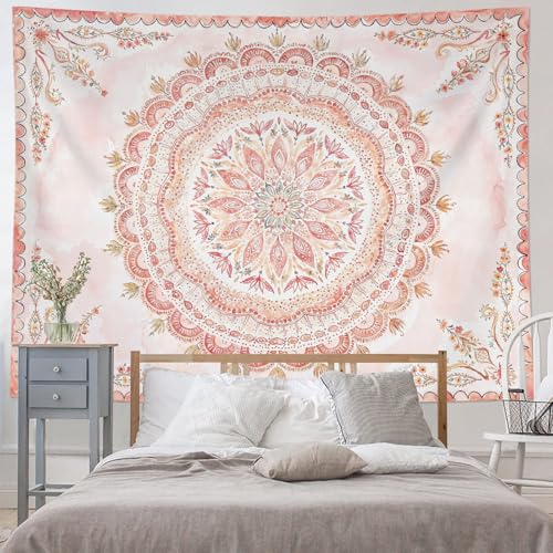 Boho Floral Mandala Tapestry Wall Hanging Pink Bohemian Flower Medallion Tapestry Aesthetic Watercolor Hippie Indian Extra Large Tapestries for Bedroom Living Room Dorm Decor 90 x 68 Inch