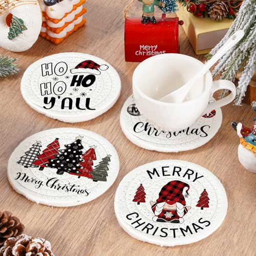 Merry Christmas Cotton Coasters Xmas Plaid Tree Gnome Handmade Braided Drink Coasters Absorbent Cup Mats for Christmas Holiday Party Home Table Decor (4 Count)